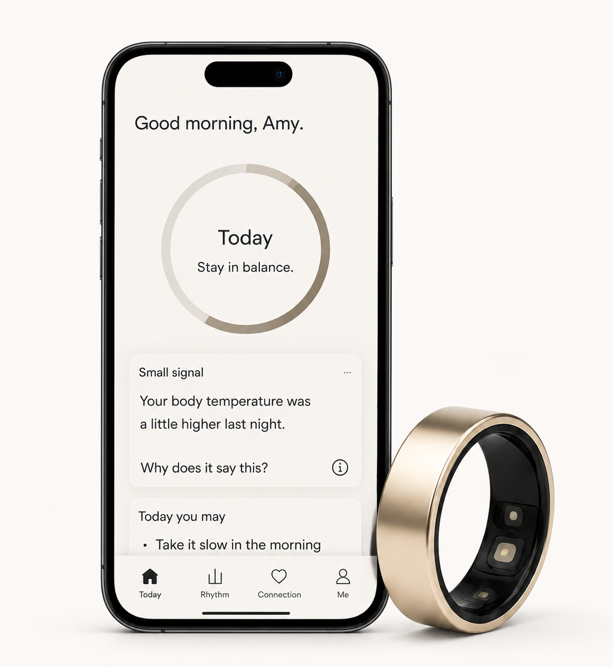 Glowhiz app displayed beside a gold smart ring